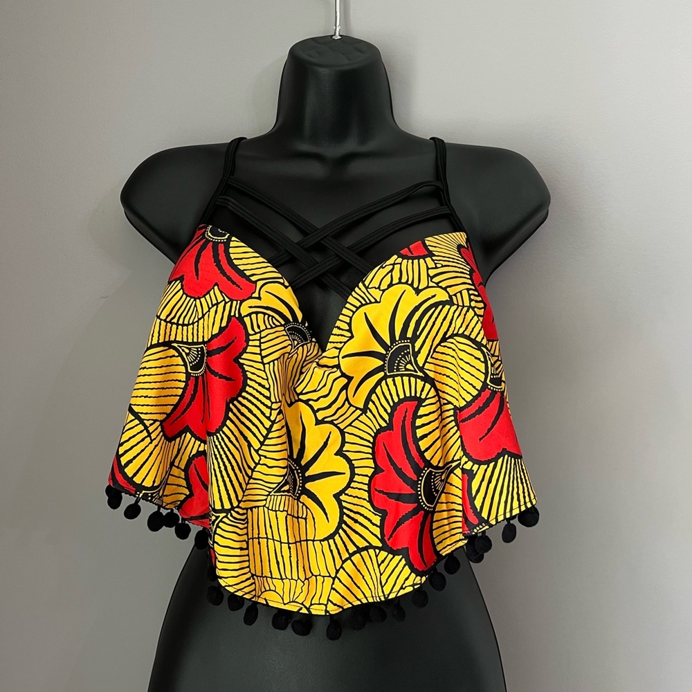 Crisscross Floral Bikini Top in Yellow & Red